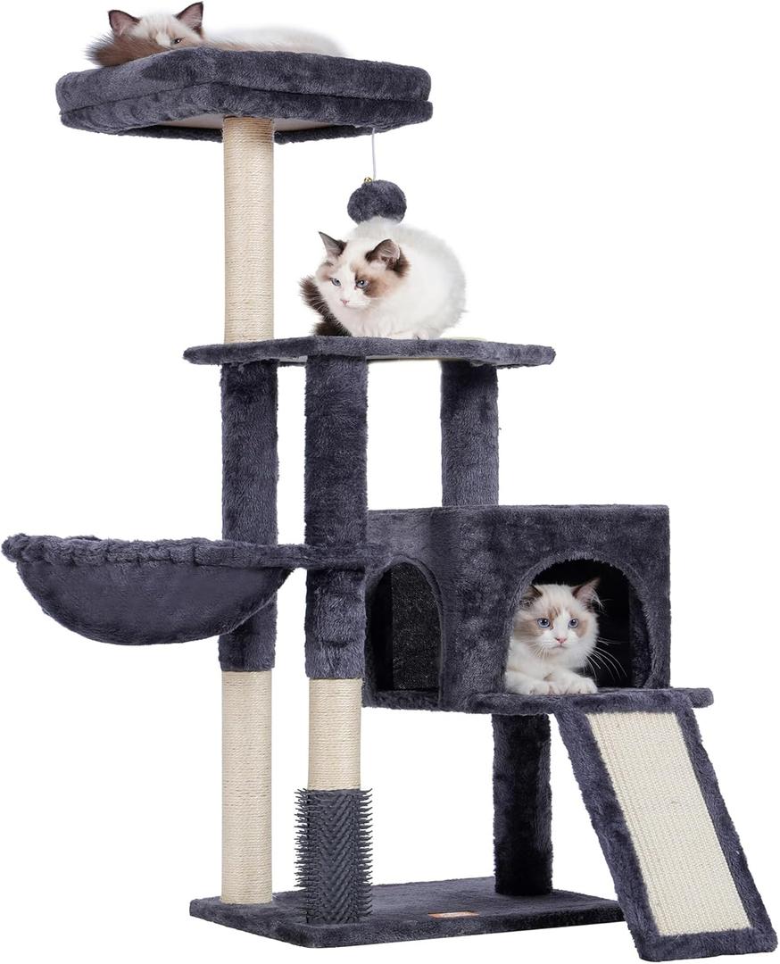 Heybly Cat Tree with Cat Self Groomer Brush, Cat Tower Condo for Indoor Cats with Padded Plush Perch,Cat House with Basket Scratching Board Post, Smoky Gray, HCT005SW (42.5 inch)