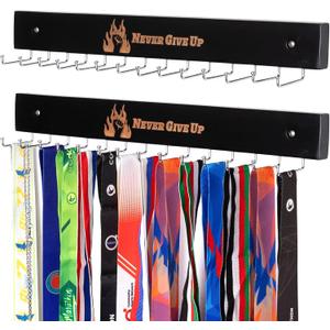 Wall-Mounted Medal Hooks Display Organizer 2 Pack-14 L-Shaped Metal Hooks with Engraved Never Give Up Wood Plaque | Medal Hanger Display for Sports, Race Bibs, Necklaces & Keys (Black, Never Give Up)
