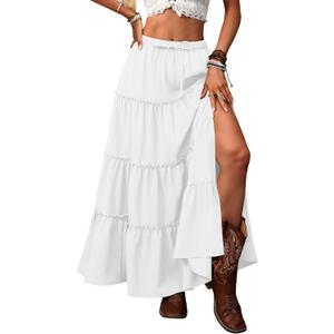 ELLEVEN Women's Summer Slit Tiered Maxi Skirt - Boho A-Line Elastic Waist Long Skirts with Pockets (Medium, White)