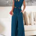 PRETTYGARDEN Women's Summer 2 Piece Outfits 2026 Cap Sleeve V Neck Belted Crop Tops Wide Leg Pant Sets Casual Tracksuit (Blue, L)