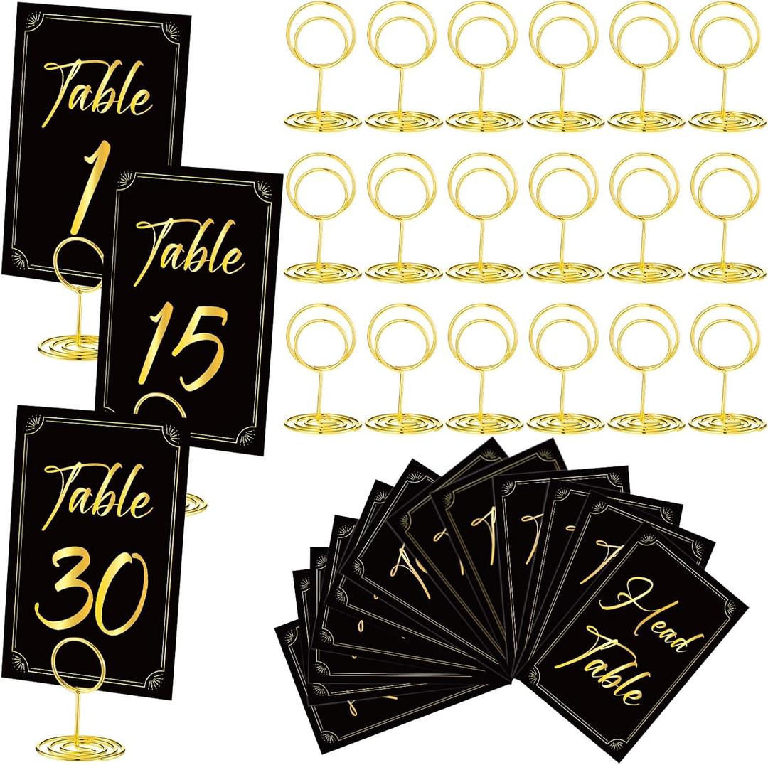 Thenshop 31 Sets Table Number Cards with Holders, 1-30 Numbers Head Table Card 2" Place Holder Stand for Wedding Anniversary Birthday Restaurant(Round,Black, Gold)