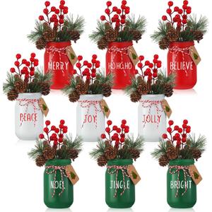 Set of 9 Christmas Mason Jar Table Centerpiece Decor 13 oz Glass Christmas Mason Jar Artificial Pine Cone Berry Faux Plants with Sticker for DIY Dining Kitchen Tiered Tray Decoration