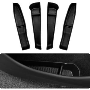 4 x BASENOR 2026 Tesla Model Y Juniper Door Side Storage Box, (Emergency Button Safety) Door Side Pocket Organizer Tray, Waterproof TPE Front & Rear Slot Pocket Liners for 2025 2026 Model Y Juniper