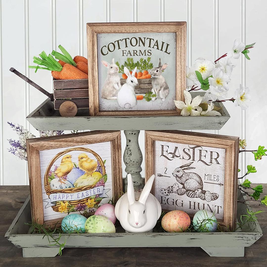 Set of 3 Rustic Wood Frames for Tiered Tray Decor - 36 Interchangeable Seasonal Home Signs for Valentines, St Patrick's Day, All Seasons, 7x7 in