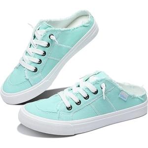 Obtaom Women Canvas Mules Memory Foam Clipper Fashion Sneakers Comfortable Slip-On Mule Backless Holiday Shoes 11,Light Green
