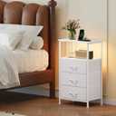 Somdot Nightstands Set of 2,Bedside Tables with Charging Station and LED Lights,Night Stand with 3 Fabric Drawers, End Tables with Open Shelf for Small Spaces Bedroom Entryway Hallway, White Leather, 11.8"D x 15.7"W x 28.3"H