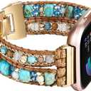 Bracelet Bands Compatible with Fitbit Versa 4/3/Sense 2/Sense Band for Women, Leather Beaded Watch Strap Natural Stone Wrap Boho Watch Band for Fitbit Versa 4 Band Replacement (Blue Beads)