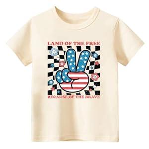 4th of July Toddler Baby Boys Girls T-Shirt Kids Gesture Checkerboard Land of The Free Short Sleeve Top(3-4T, Beige Gesture)