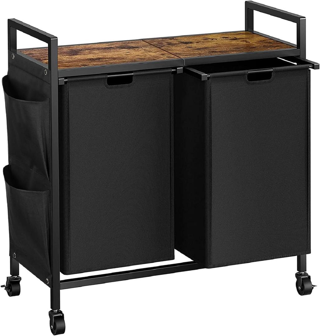 Double Laundry Hamper with Lid,Rolling Laundry Basket Organizer with Wheels, Iron-Made Laundry Sorter with Top Shelf and 2 Removable Bags,Large Clothes Storage for Room,Black 1