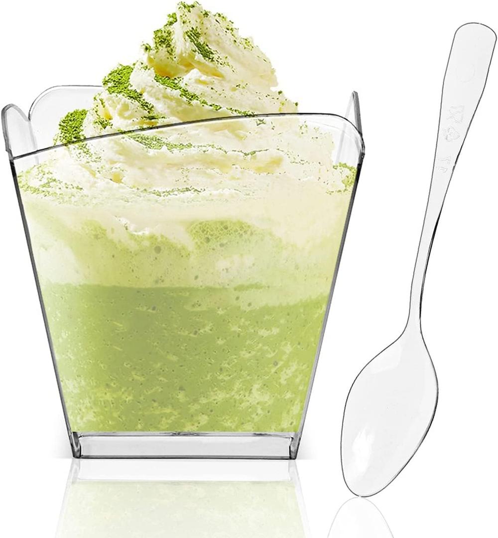 100 Pack 3.5 oz Clear Plastic Dessert Cups with 100 Tasting Spoons, Square Parfait Appetizer Cups for Party, Weddings