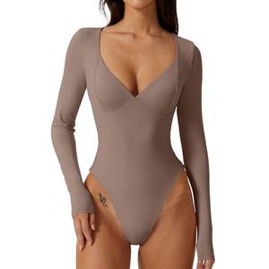 QINSEN Bodysuit Shirts for Women V Neck Seamed Cup Long Sleeve Shirt Double Lined Tops Rose Taupe Medium