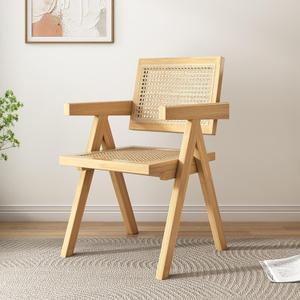 Rattan Dining Chair, Wood Kitchen Cane Comfy Arm with Woven Backrest and Seat, for Living Room Bedroom Kitchen Reataurant Dining Chairs (Original Wood Color)