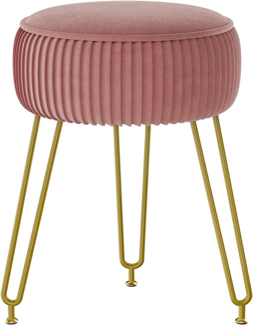 IBUYKE Velvet Round Footrest Ottoman, Makeup Vanity Stool Side Table, Velvet Dressing Table Seat, Pouf Couch Stool, Golden Steel Legs, Pink LG-30P (without storage)