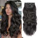 Clip-in Hair Extensions for Women 20 Inch 4PCS Long Wavy Black Brown Hairpieces Synthetic Hair Extensions Thick Natural & Soft Hairpieces Fiber for Women
