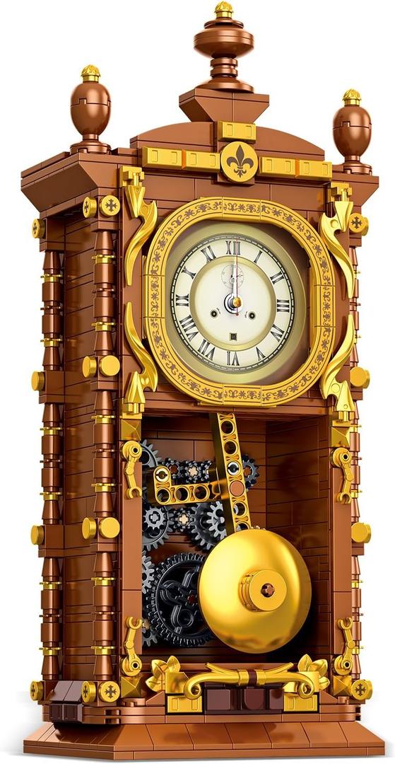 Vintage Swing Clock Building Blocks Set  751 PCS Real Working Mechanical Clock with Alarm, Moving Pendulum & Rotating Dial, Retro Steampunk Decor Gift for Adults & Teens, Compatible with Lego Sets (Brown)