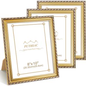 puthiac 8x10 Gold Picture Frames set of 3 – Ornate Vintage Baroque Photo Frame with Shatterproof Acrylic, Wall & Tabletop, Vertical/ Horizontal, Antique Gold Gallery Decor