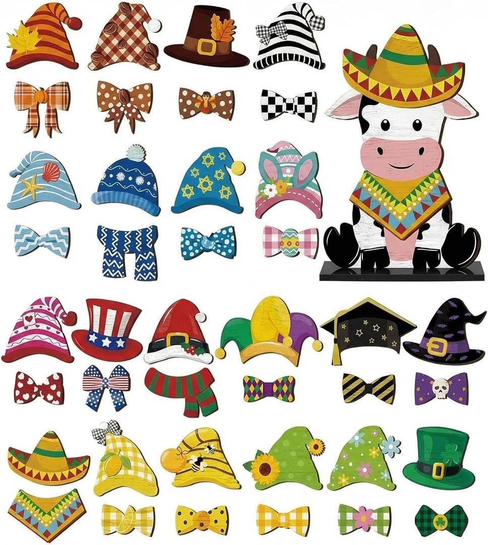 42 Pcs Small Interchangeable Cinco De Mayo Cow Figurine Farmhouse Holiday Cow Office Decor Seasonal Sign Desk Accessories Mexican Tier Tray Home Decoration Wood Welcome Ornament Gift