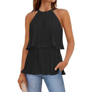 ZESICA Women's Summer Halter Tank Tops Casual Sleeveless Ruffle Tiered Layered Chiffon Flowy Blouse Shirts (Black)