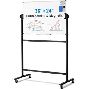VEVOR Rolling Magnetic Whiteboard, Double-Sided Mobile Whiteboard 36x24 Inches, 360 Reversible Adjustable Height Dry Erase Board with Wheels & Movable Tray for Office, School