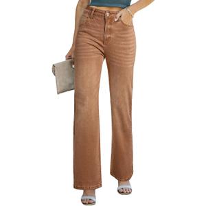 Sidefeel Women's Wide Leg Jeans Casual High Waisted Straight Zimbaplatinum Denim Pants with Pockets (10, Brown)