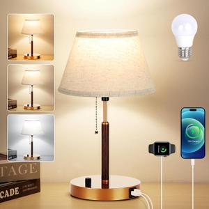 HOTBABY Bedside Table Lamp Desk Light: Night Lamp Set for Bedroom Nightstand - 3 Color Temperature Dimmable Pull Rope Switch Adapter Port USB-C Charging for Living Room Home Dorm Office
