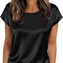 Nfsion Tops for Women Silk Satin Cap Short Sleeve Blouse Square Neck Shirts Business Casual Outfits (L)