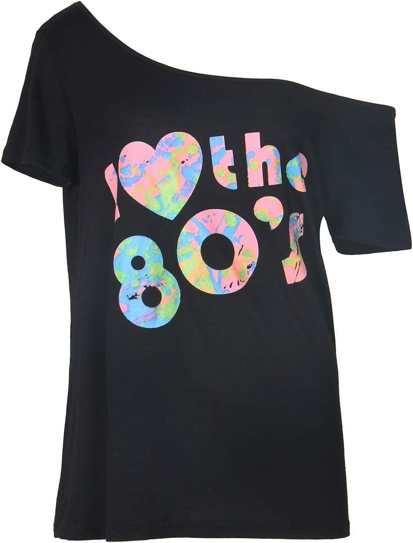 Smile Fish Women's I Love The 80's Off The Shoulder Tops 80s Costumes T Shirts (5X-Large, 007-black-6)