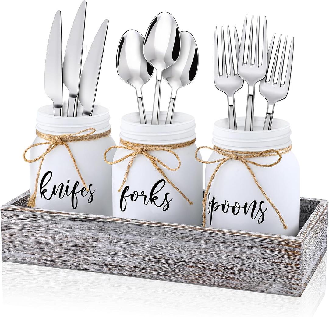 4 Pcs Silverware Utensil Holder Mason Jar with Wooden Utensil Organizer for Kitchen Countertop Forks Spoons Knives Storage White Farmhouse Kitchen Caddy Glass Cooking Decor for Party