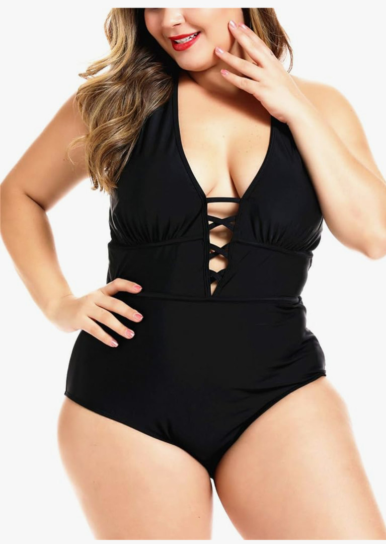 Women's Black Sexy Plus Size Rosa Floral Print One Piece Swimsuit,Plunge Neckline with Lace Up Detail Swimwear, Size -22W