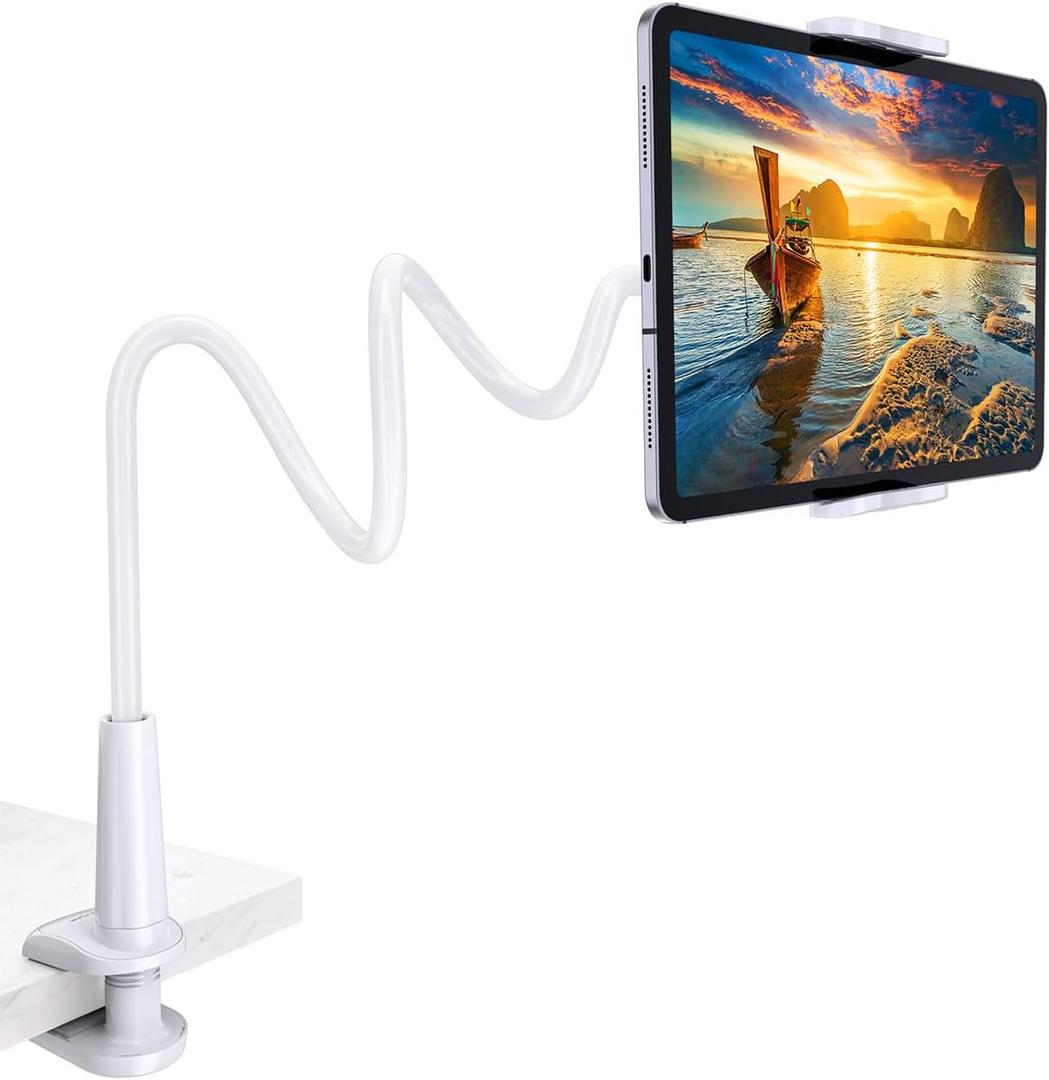 Tryone Gooseneck Tablet Holder Stand for Bed Adjustable Flexible Arm Tablets Mount Clamp on Table Compatible with iPad Air Mini | Galaxy Tabs | Kindle Fire | Switch or Other 4.7-10.5" Devices (White)