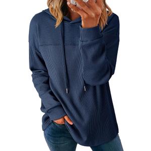 Dokotoo Womens Hoodies Casual Waffle Knit Long Sleeve Drawstring Pullover Sweatshirts Lightweight Hooded Tops (Blue), XL