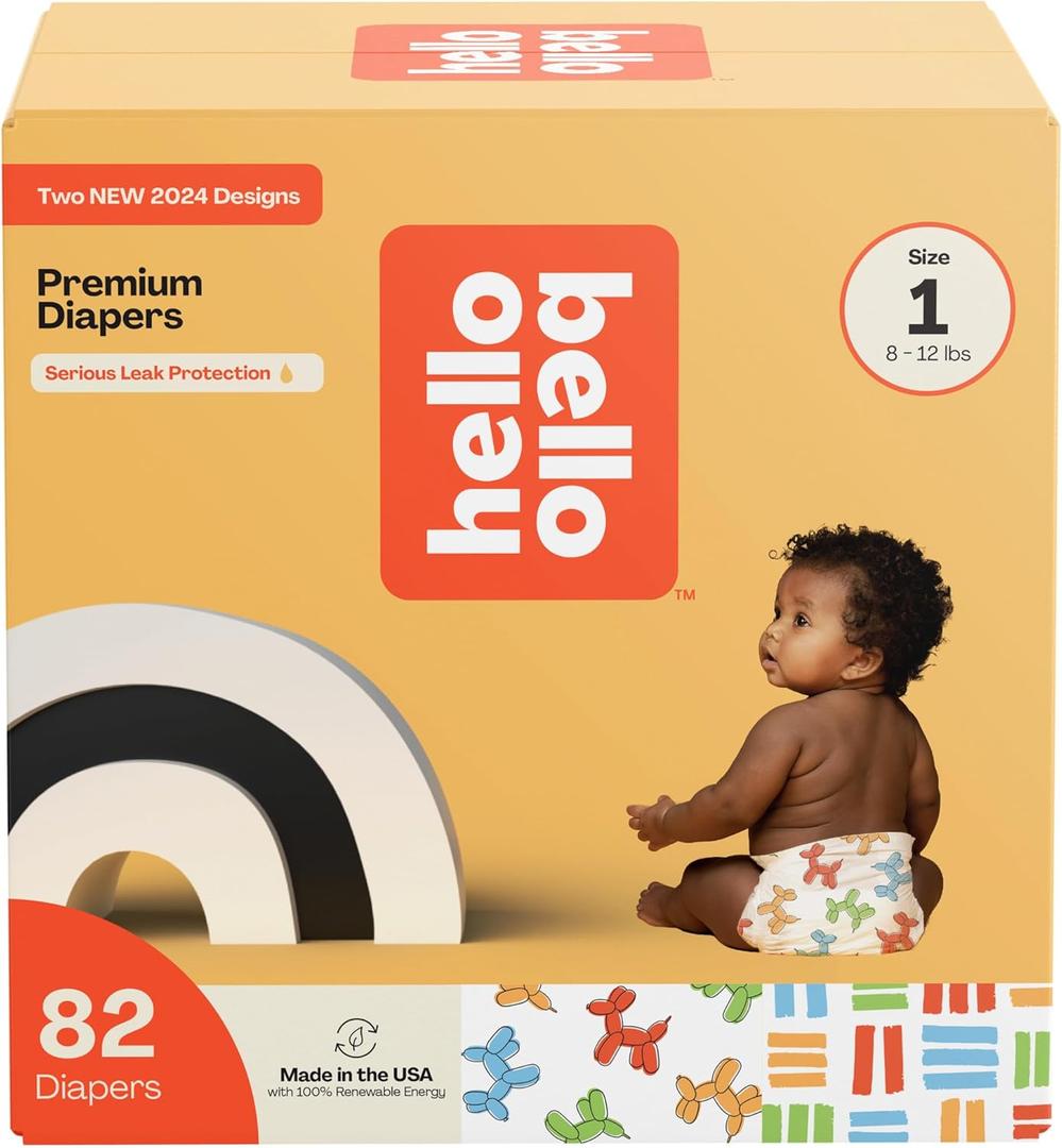 Hello Bello Premium Diapers Size 1, Balloon Buddies & Crosshatch Cuties Designs, 82ct Club Box
