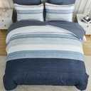 Drucon Comforter Set King Size 7 Piece Bed in a Bag Boho Blue Striped Bedding Set Soft Microfiber Comforter and Sheet Set for All Season (King, 104"x90")