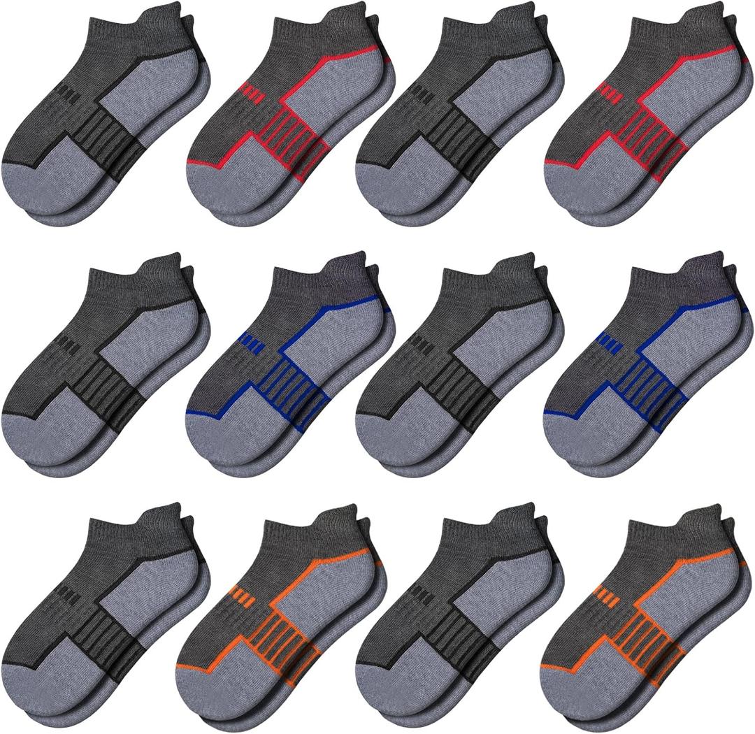 Comfoex 12 Pairs Boys Socks - Ankle Low Cut Athletic Half Cushioned Short Socks For Kids 4-6, 6-8, 8-10 Years Old