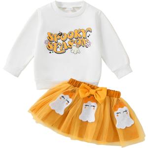 Toddler Girl Halloween Outfit Ghost/Pumpkin Sweatshirt+Embroidered Pattern Skirt 1-6Y (White)