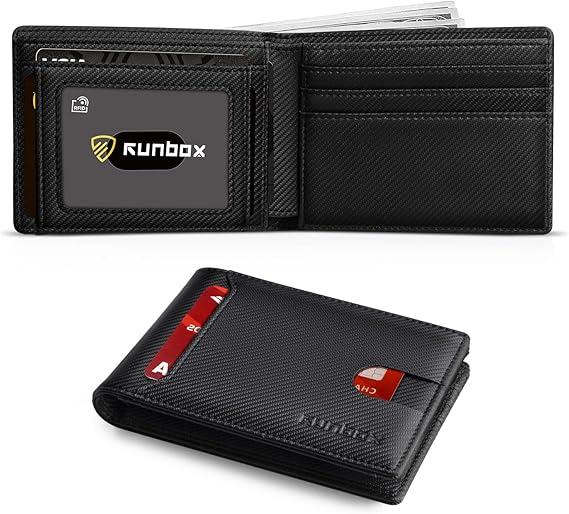 RUNBOX Novelty Wallet for Men Slim 11 Credit Card Holder Slots Leather RFID Blocking Small Thin Men's Wallet Bifold Minimalist Front Pocket Large Capacity Gift Box, Modern Black