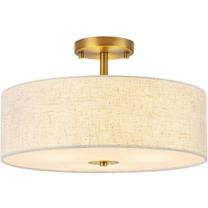 Bargeni Semi Flush Mount Ceiling Light Fixture,16 inch Drum Flush Mount Ceiling Light, Modern Light Fixtures Ceiling Mount with Matte Brass Finish, Semi Flush Ceiling Light for Bedroom,Dining Room
