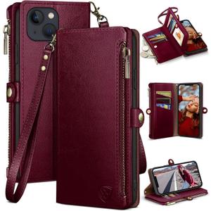XcaseBar for iPhone 13 6.1" Wallet case with Zipper Credit Card HolderRFID Blocking, Flip Folio Book PU Leather Phone case Shockproof Cover Women Men for Apple 13 case Wine Red