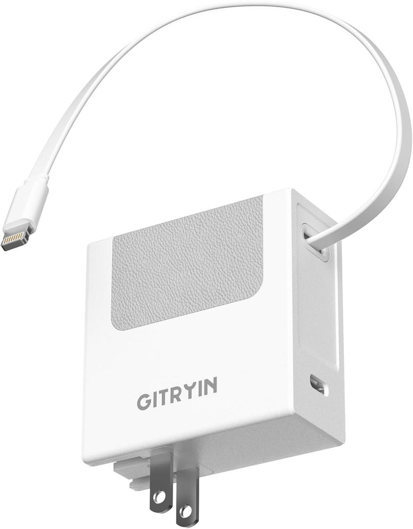Gitryin Portable USB Phone Charger Block, Retractable Wall Charger with 33.5in Retractable Lightning Cable, 40W Fast Charging Block with USB C Port, Power Adapter with Foldable Plug for iPhone14/13/12