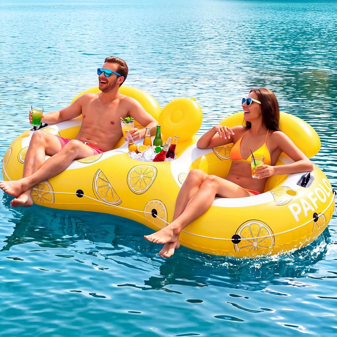 2-Person Inflatable River Tube, 600lbs Heavy Duty Tube for Floating | 600 lbs, Double River Tube, Backrest & 2 Cup Holders, Durable Grab Handles, Large Float for Pool & Lake, Comfortable Design, 90x51"