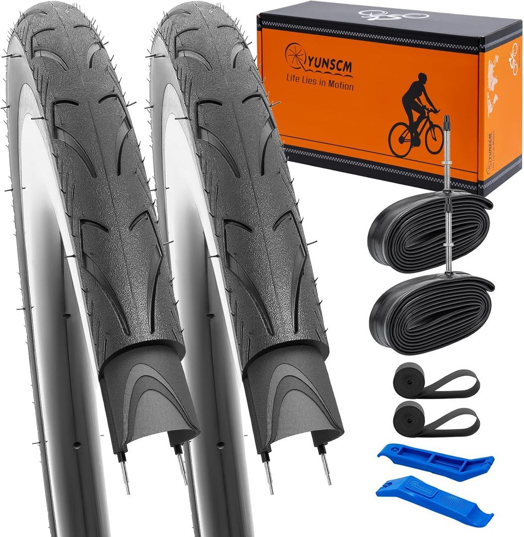 YUNSCM 2 PCS 700C Lightweight Bike Tires 700x35C (ETRTO 37-622) and 700C Bike Tubes - 60TPI Nylon, Puncture-Resistant, with 2 Rim Strips Compatible with Bike Tires 700x33C/35C/36C/37C/38C (Y-573)