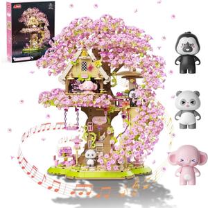 Cherry Blossom Bonsai Tree House Building Kit with LED Lights & Music Box, 1613 pcs Sakura Micro Blocks for Adults, 3 Movable Dolls DIY Craft, Home Office Decor Gift