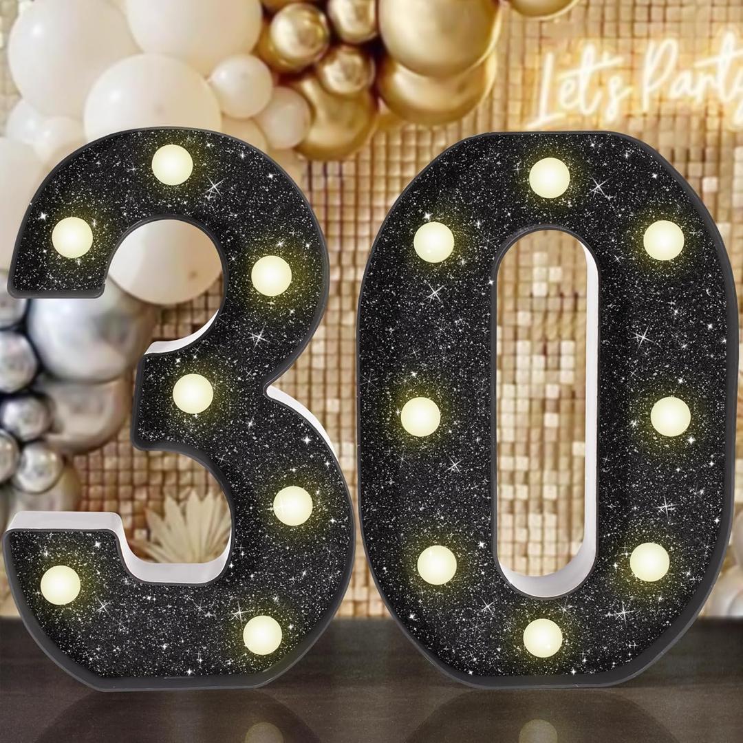 8.7In 30th Birthday Decorations Gifts for Her Him, Light Up Numbers Decorative Sign for 30th Birthday Wedding Work Anniversary Backdrop Table Wall Decor(Shining Black)