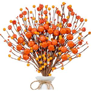 Fall Picks 12 PCS Fall Berry Stems 17 Inch Autumn Floral Picks with Orange Pumpkins and Berries for Vases Centerpieces Harvest Festival and Thanksgiving Party Events