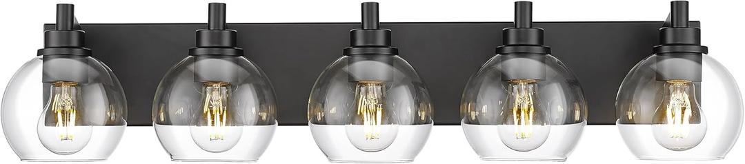 Bathroom Light Fixtures, 5 Light Matte Black Vanity Light, 32 Inch Modern Wall Sconces with Globe Clear Glass Shade, Vanity Lighting Fixtures Over Mirror, VL195-MB-CL-5 (Black, Clear Glass)