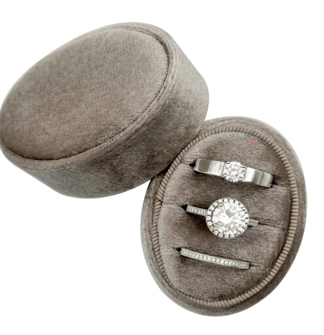 Velvet Oval Ring Box 3 Slots - Premium Wedding Three Rings Box Vintage Handmade Storage Jewelry Organizer for Proposal, Engagement, Wedding Ceremony, Christmas (Brown Beige)