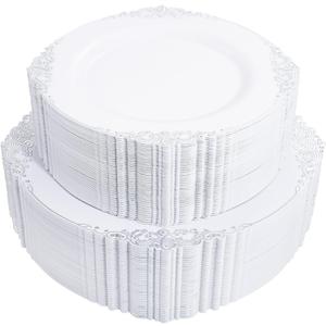 102PCS White and Silver Plastic Plates - Heavyweight Silver Plate - Wedding Plate with Silver Rim - Fancy Dinner & Dessert Plates for 51 Guests Graduation Weddings & Parties