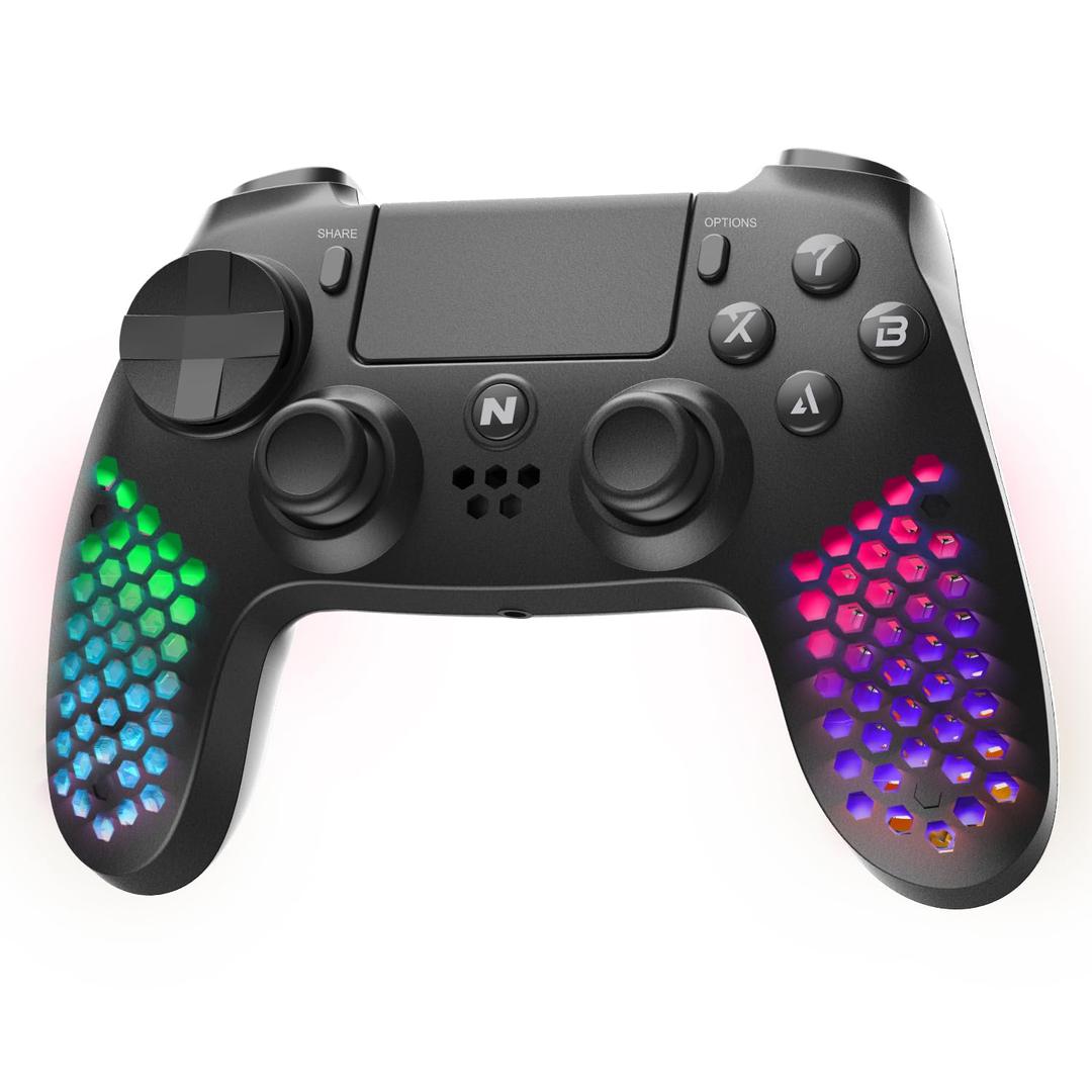 Nitho Wireless Controller for PS4, PC, PS5 (with PS4 Games Only), Windows, Android & iOS, Gaming Gamepad Joystick with RGB LED Lights, Vibration, 6-Axis Motion Sensor, Touchpad, Built-in Speaker, Black