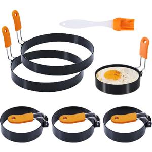 3.5" Egg Rings 6“ Pancake Mold with Silicone Handle, Round Mold for English Muffins - Griddle Cooking Shaper for Indoor Camping Breakfast Sandwiches w/ Silicone Oil Brush set of 6 (4pcs 3.5"+2pcs 6")