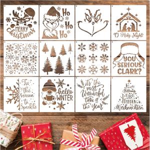 Christmas Stencils for Crafts Small Reusable Christmas Holiday Stencils for Painting on Wood Board Sign Door Hanger Wall (12 Christmas), large, white